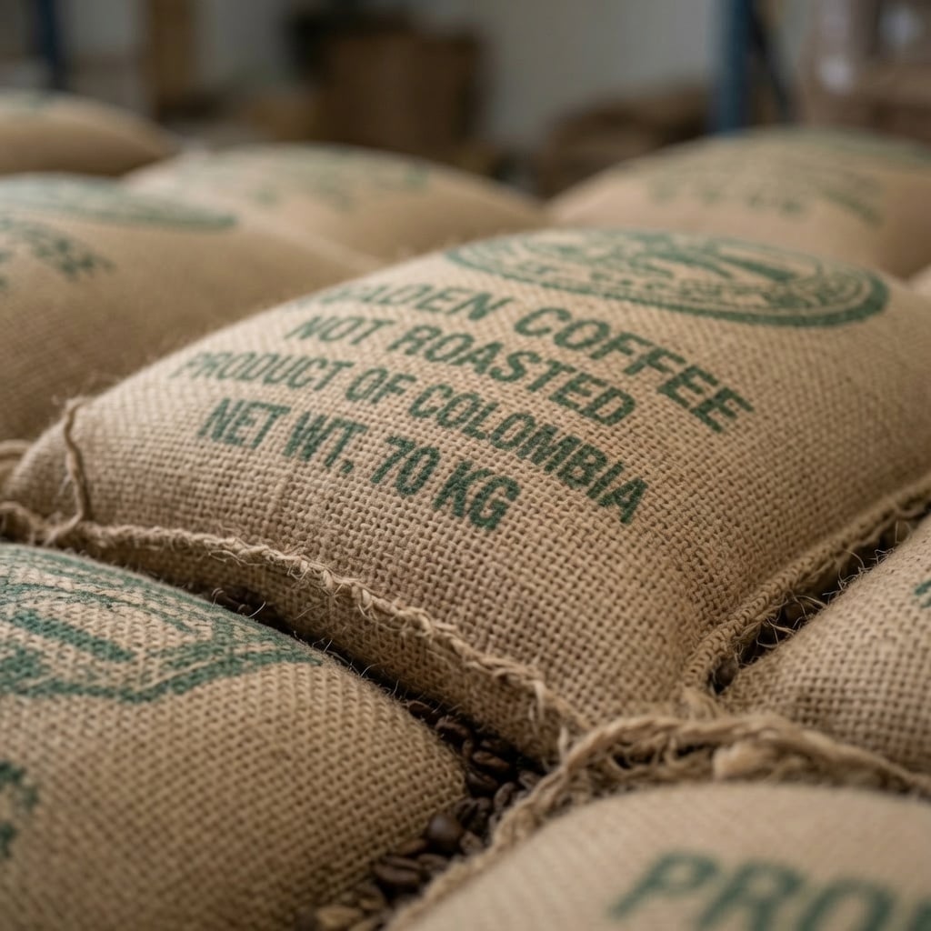 Green coffee sacks in a warehouse